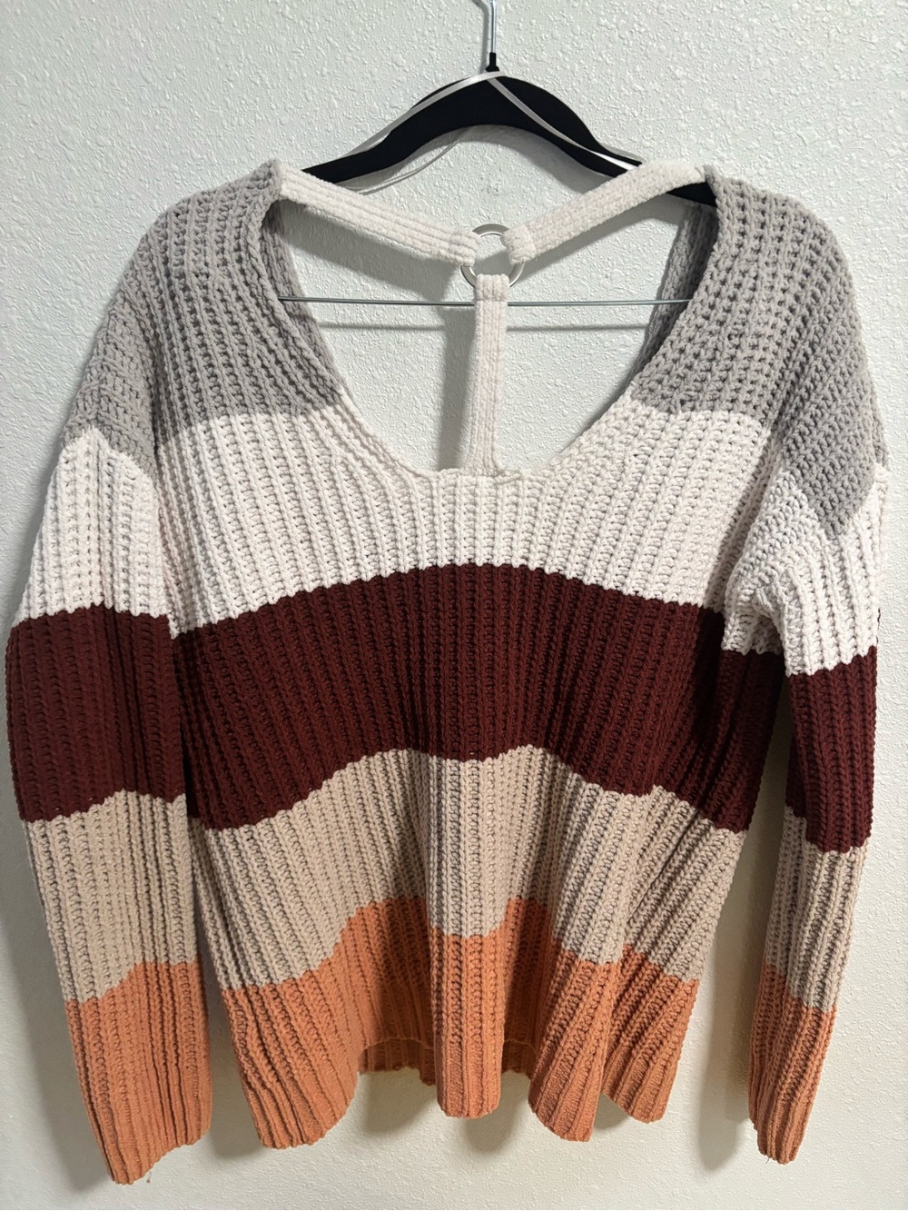 Striped Knit V-Back Sweater in Rust, Cream & Gray